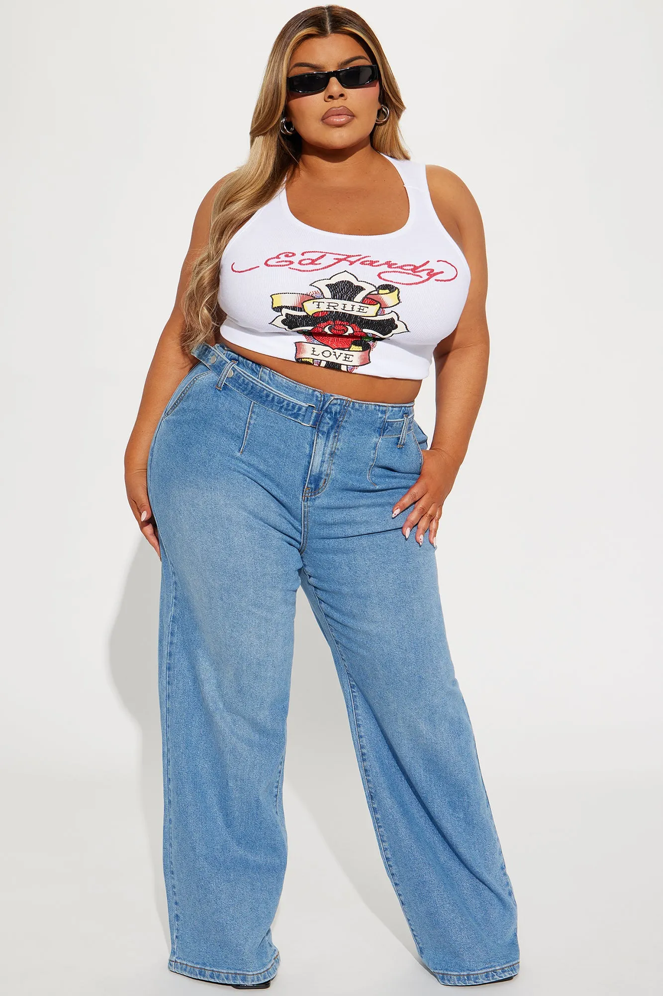All Talk Belted Wide Leg Jeans - Medium Wash