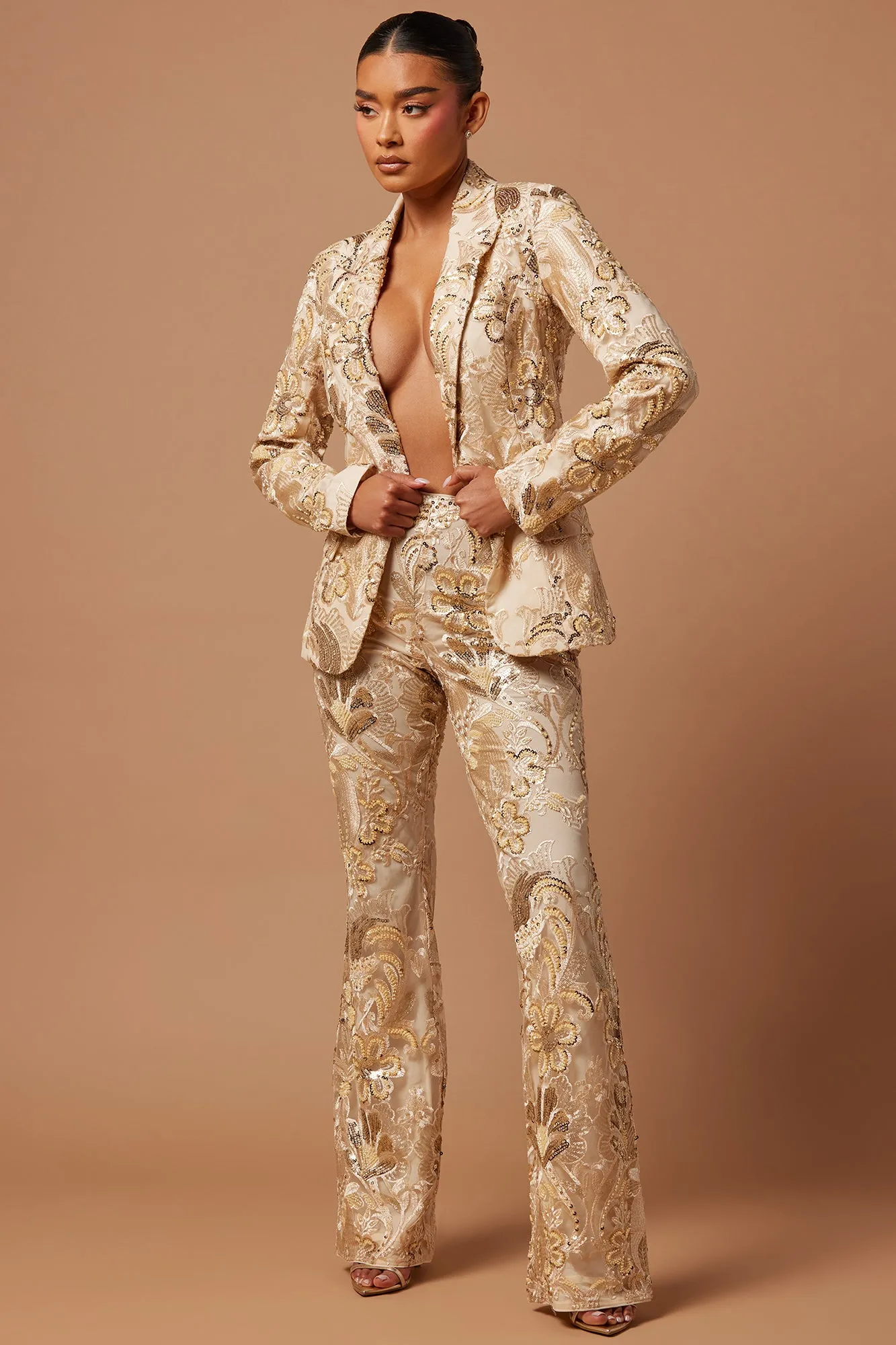 Ava Sequin Embellished Pant - Cream