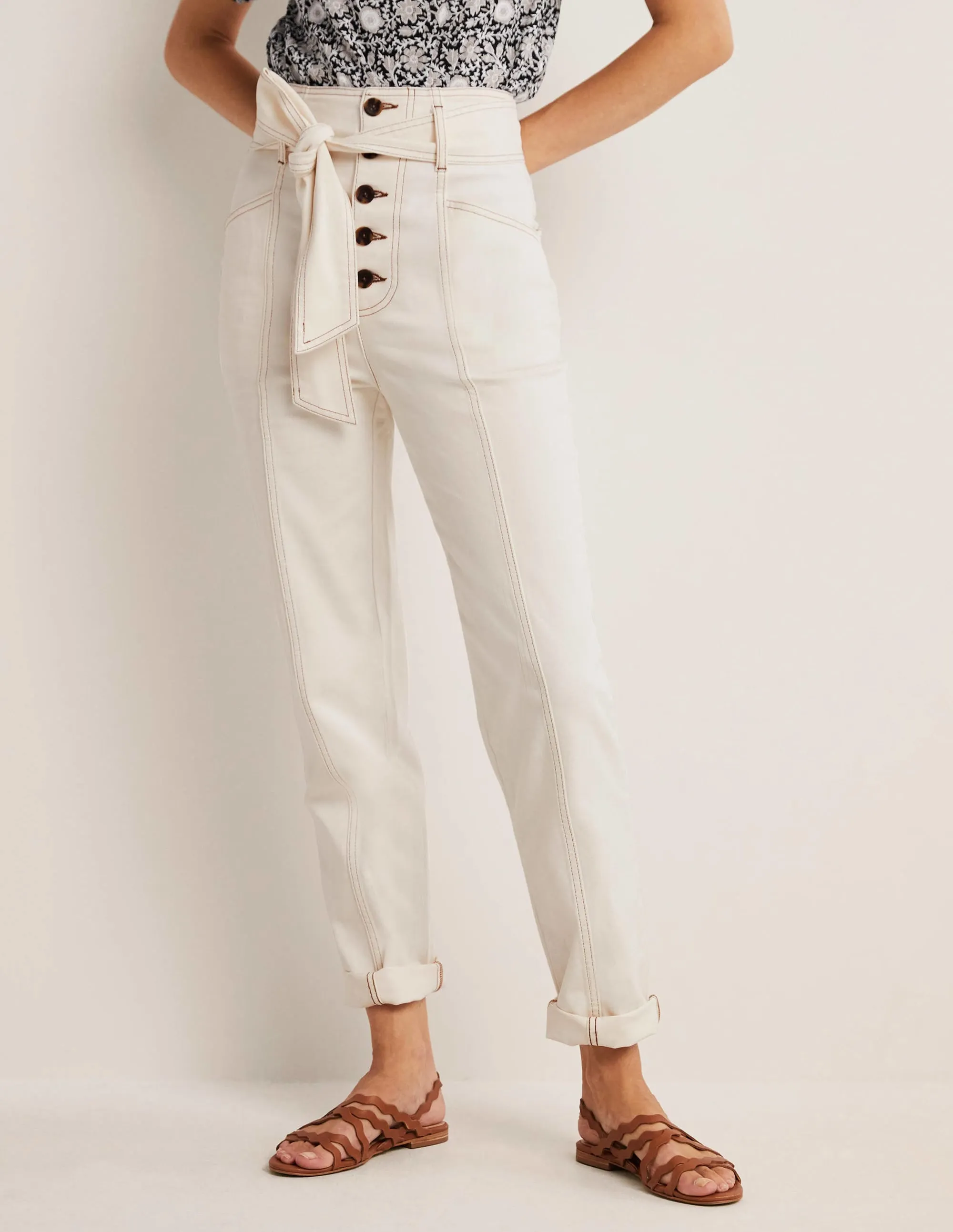 Belted High Rise Jeans-Ecru