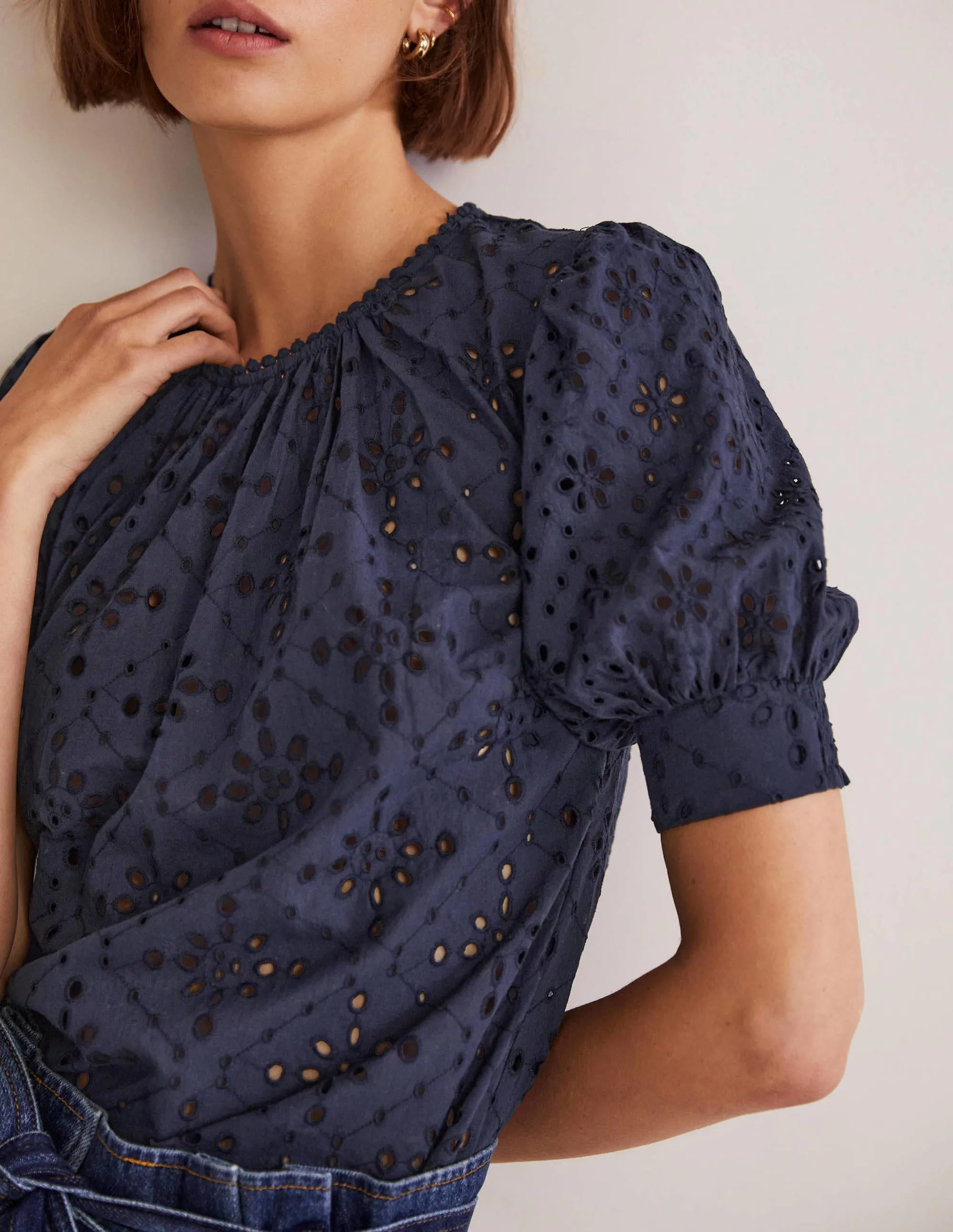 Broderie Cut-Out Detail Top-Navy