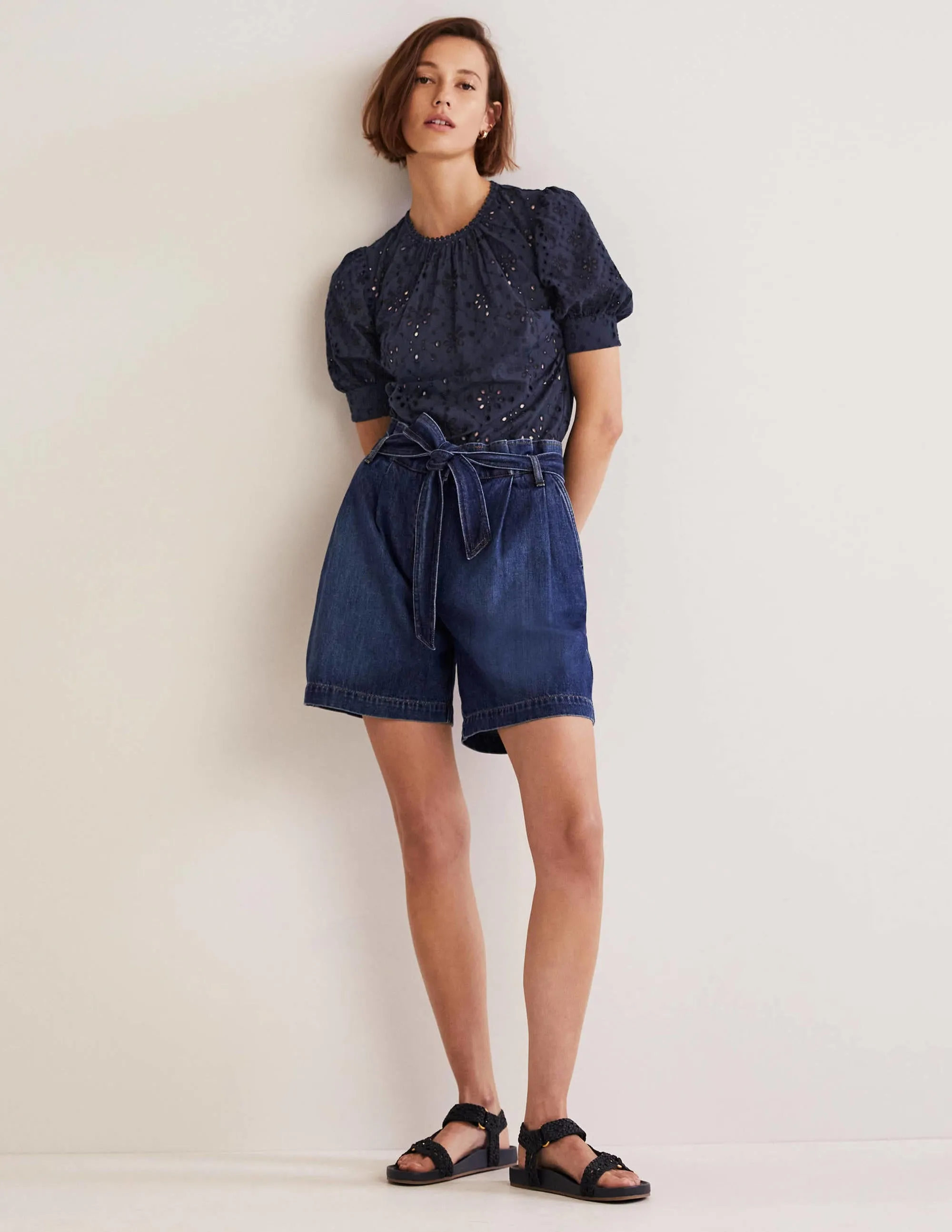 Broderie Cut-Out Detail Top-Navy