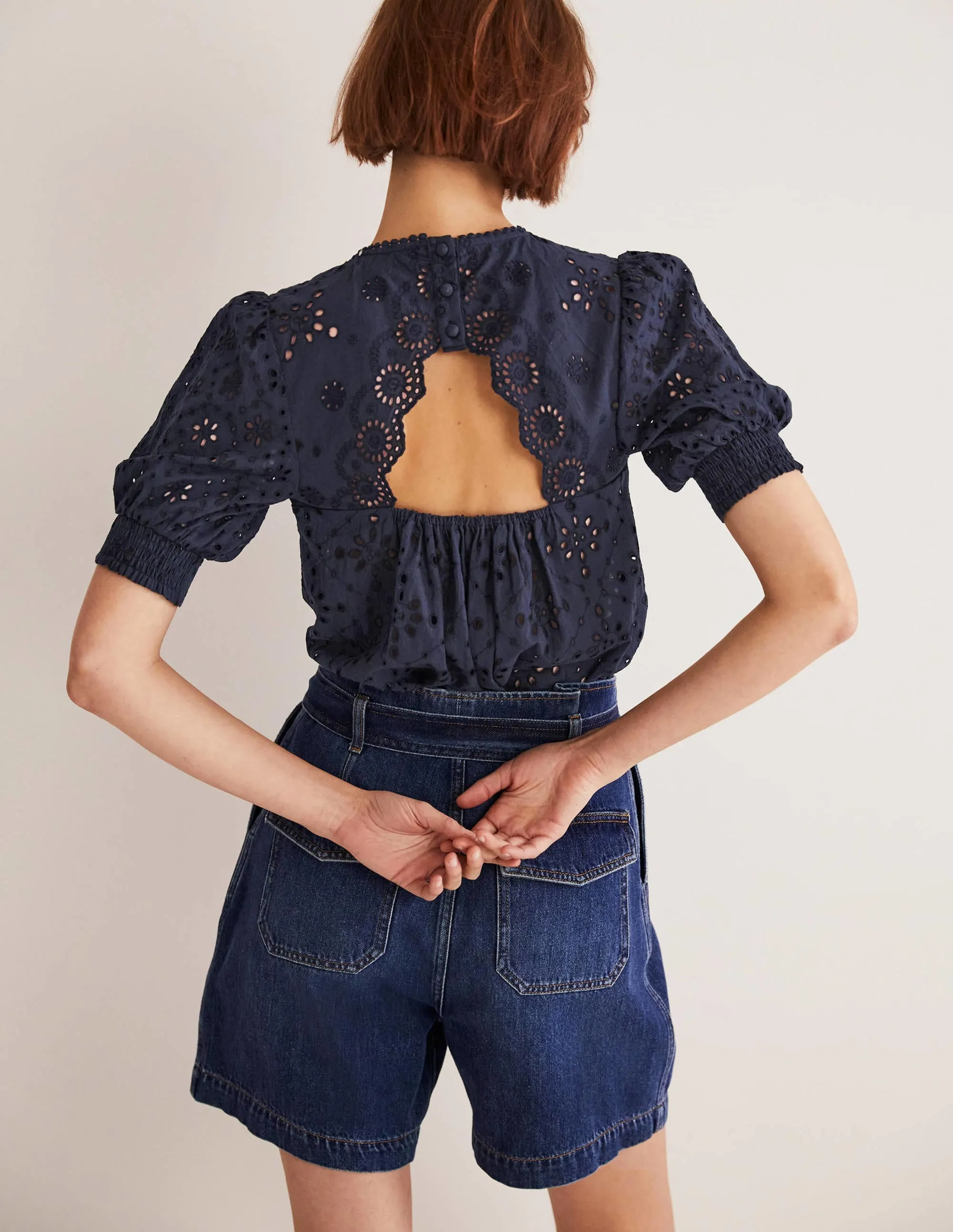 Broderie Cut-Out Detail Top-Navy