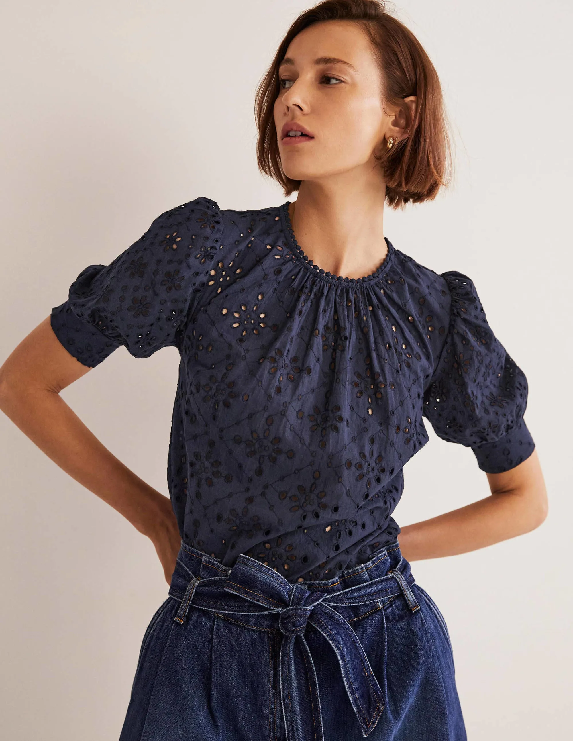 Broderie Cut-Out Detail Top-Navy