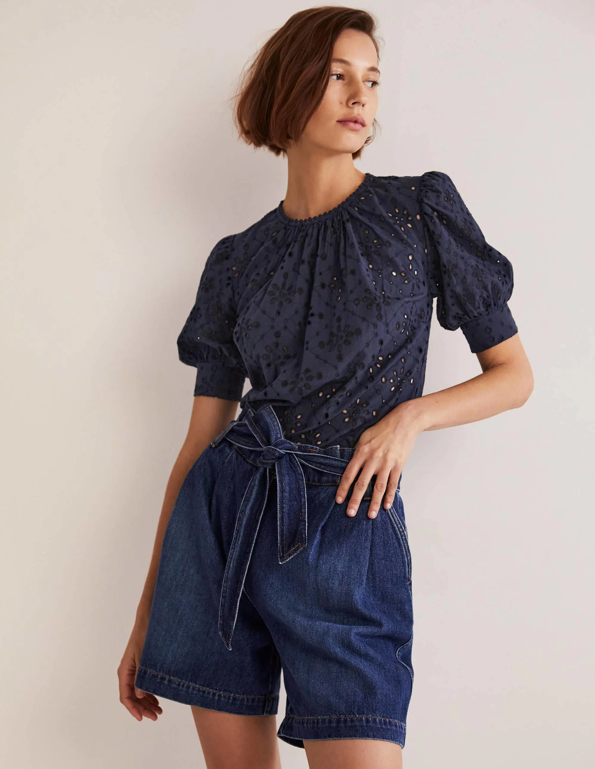 Broderie Cut-Out Detail Top-Navy