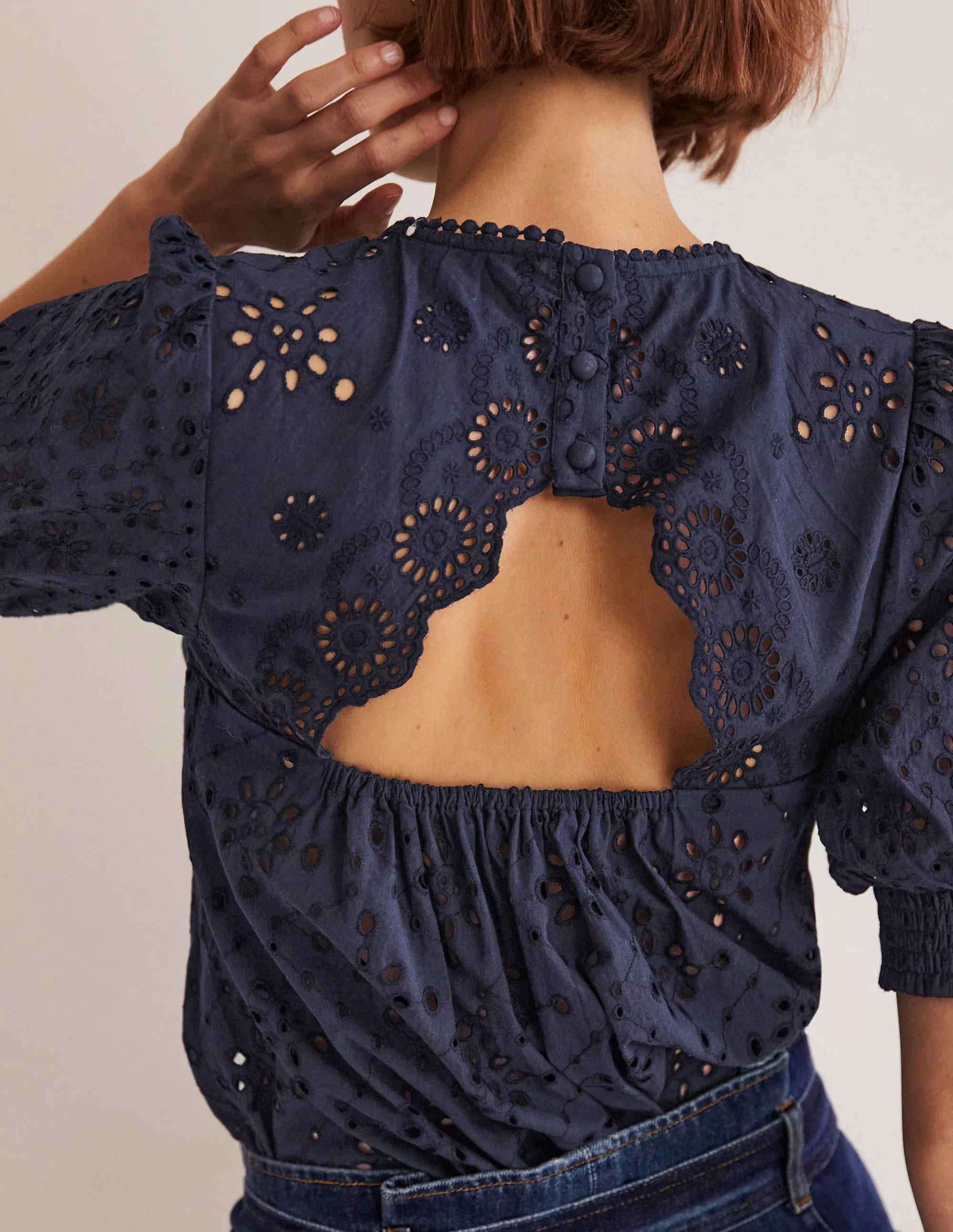 Broderie Cut-Out Detail Top-Navy