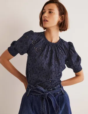 Broderie Cut-Out Detail Top-Navy