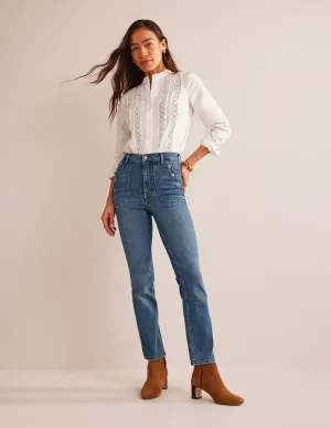 Button Detail Straight Jeans-Mid Vintage