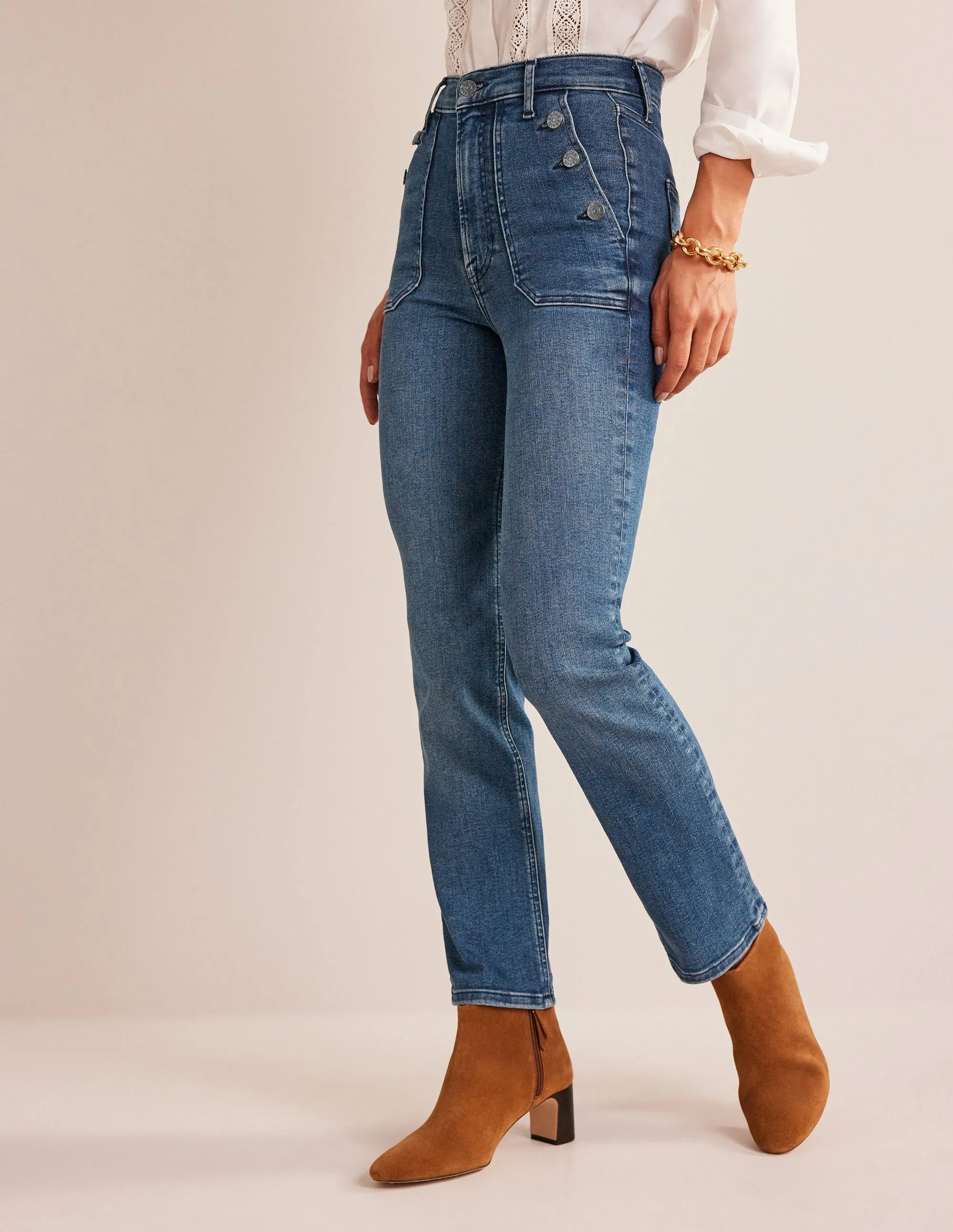 Button Detail Straight Jeans-Mid Vintage
