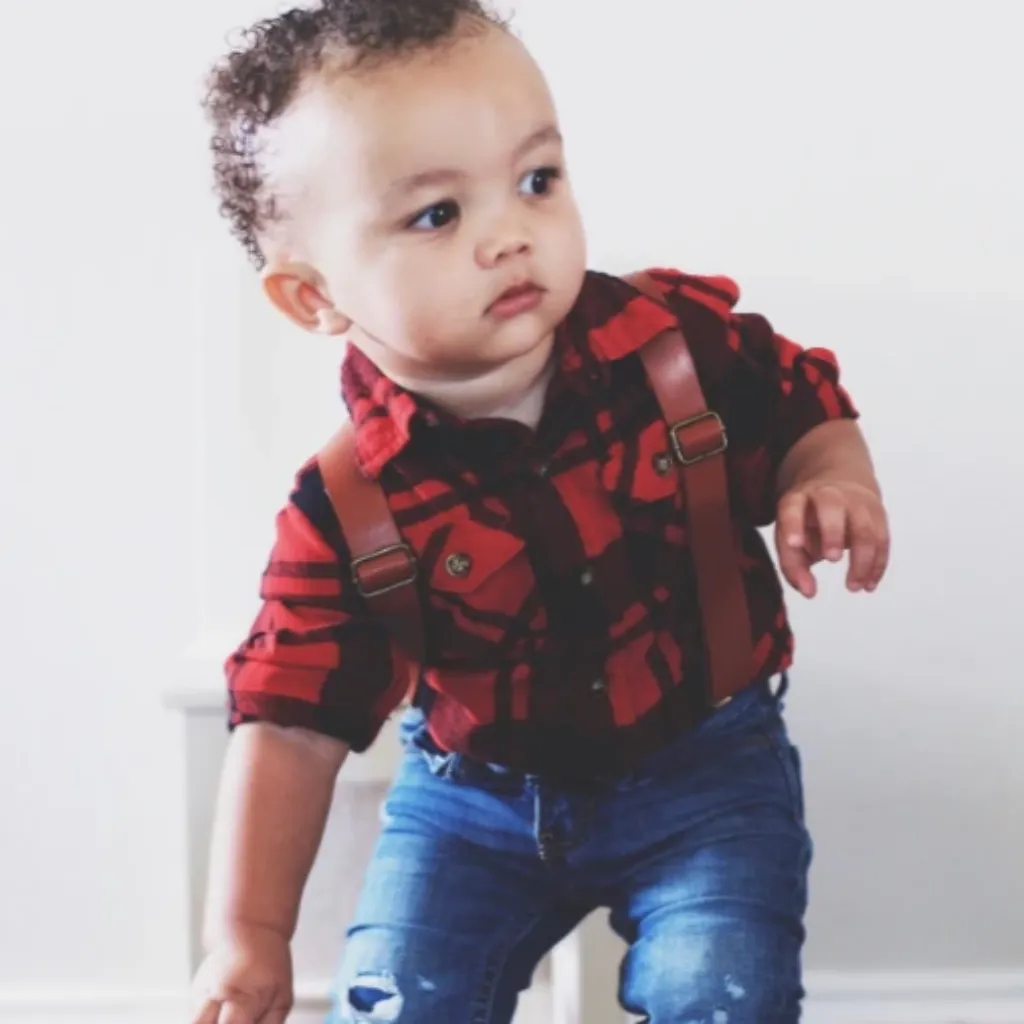 Cognac Faux Leather Skinny Suspenders