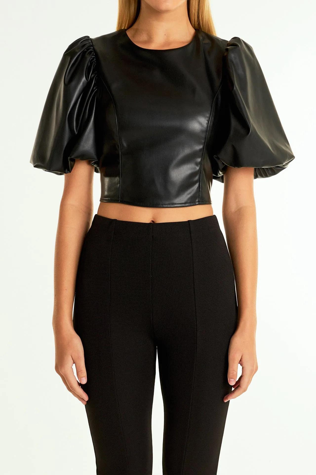 Endless Rose - Pu Puff Sleeve Cropped Top
