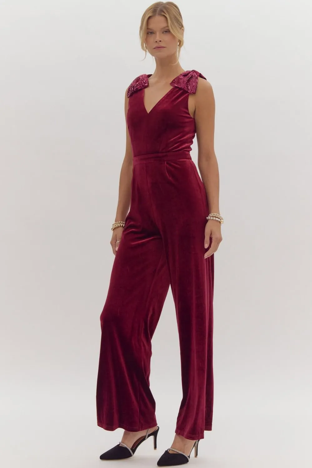 Holiday Bow Jumpsuit - Ruby