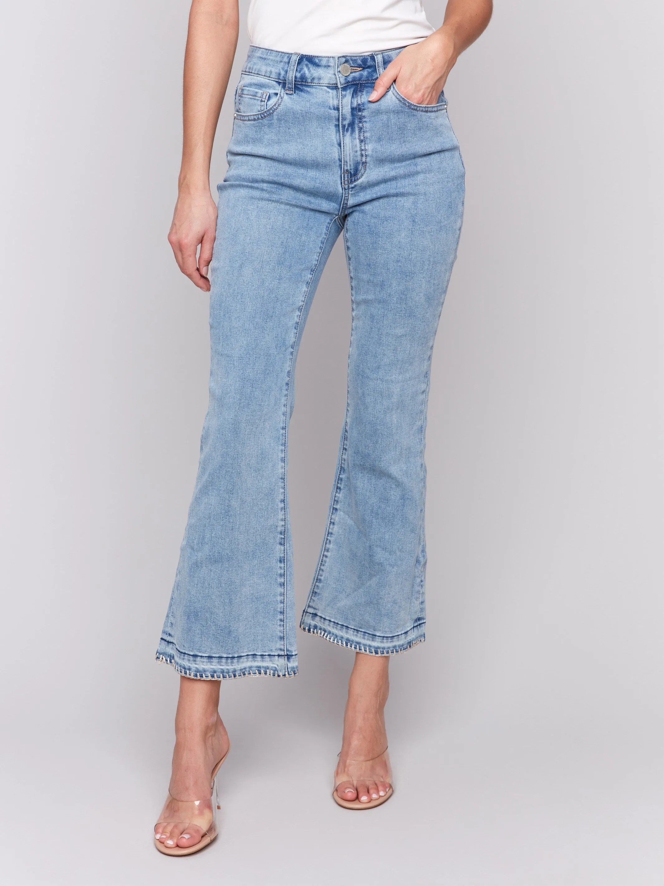 Jeans with Blanket Stitch Hem Detail - Light Blue