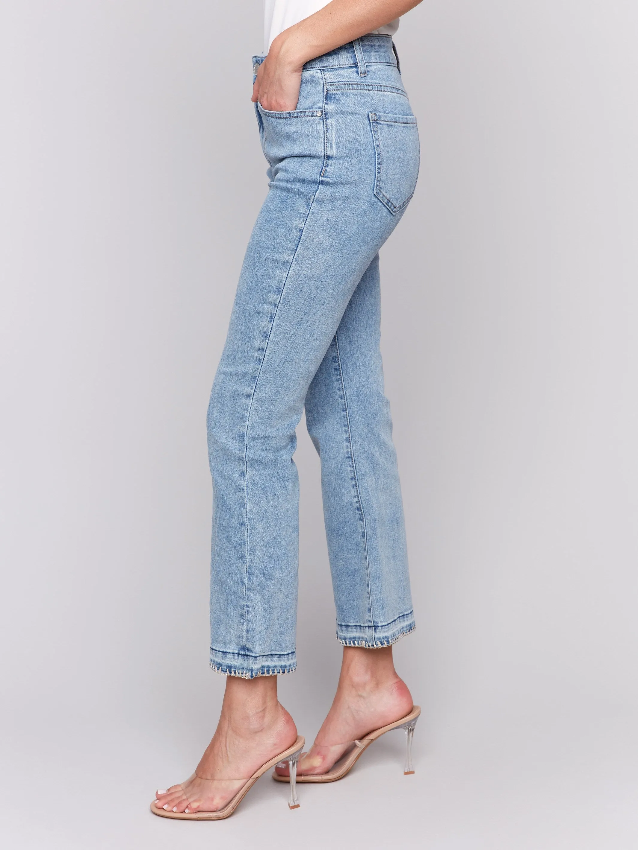 Jeans with Blanket Stitch Hem Detail - Light Blue