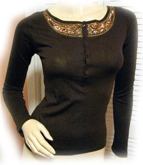 NEW Womens Brown Long Sleeve Gold Sequin Embellished Top Tunic T-Shirt Tee L-XL
