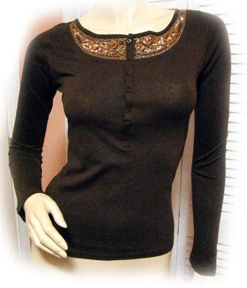 NEW Womens Brown Long Sleeve Gold Sequin Embellished Top Tunic T-Shirt Tee L-XL