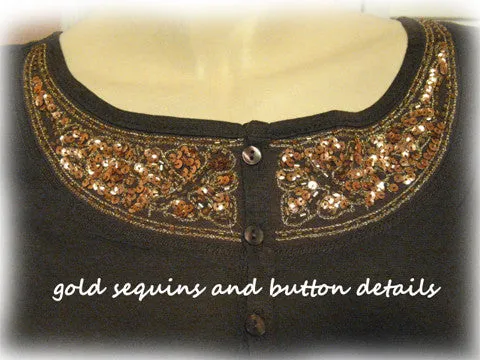 NEW Womens Brown Long Sleeve Gold Sequin Embellished Top Tunic T-Shirt Tee L-XL