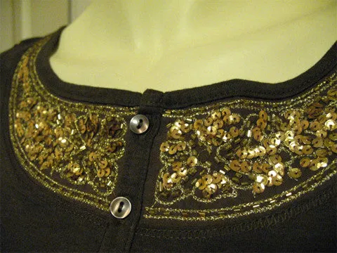 NEW Womens Brown Long Sleeve Gold Sequin Embellished Top Tunic T-Shirt Tee L-XL