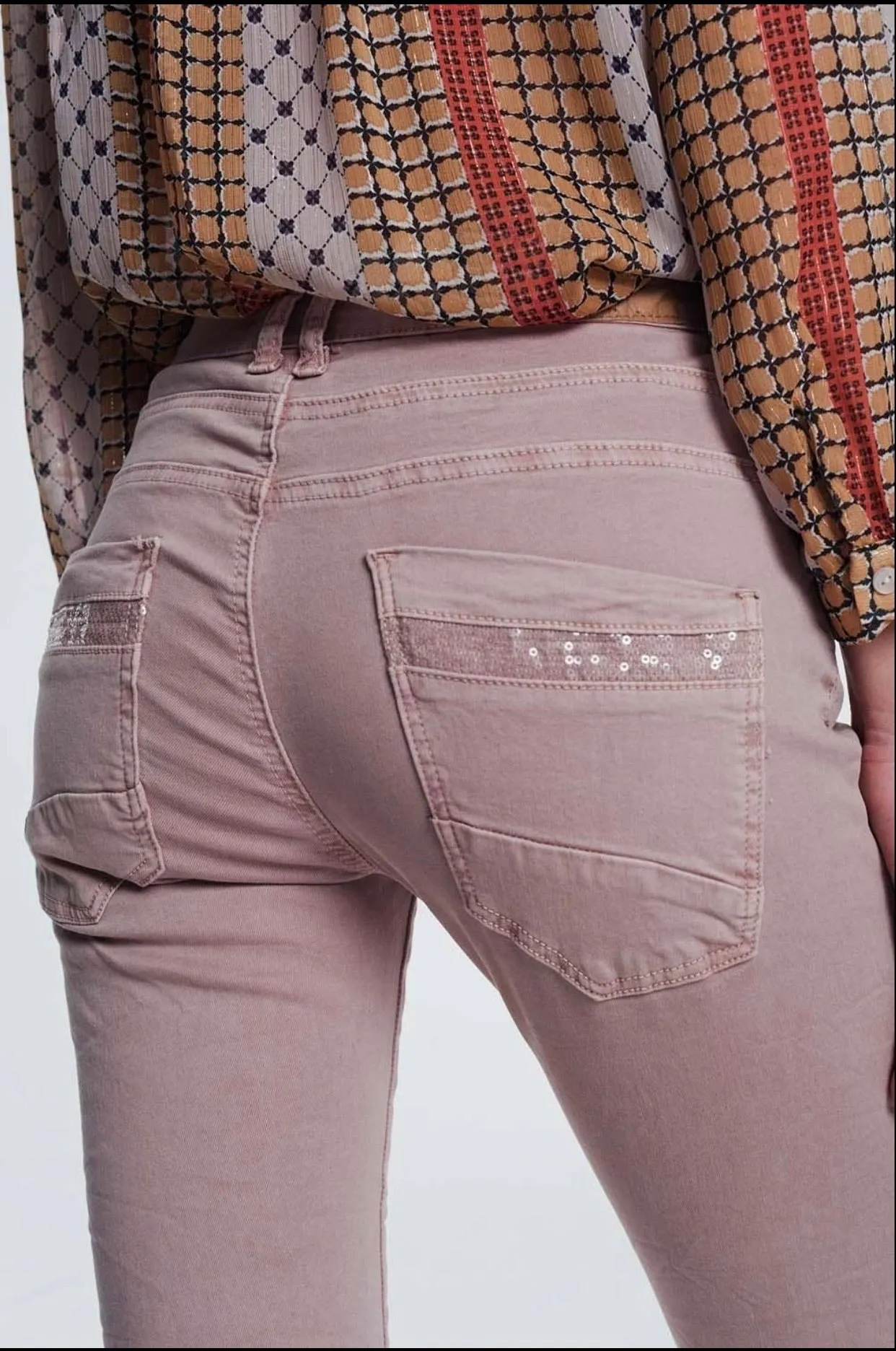 Pale Pink Skinny Jeans with Sequins