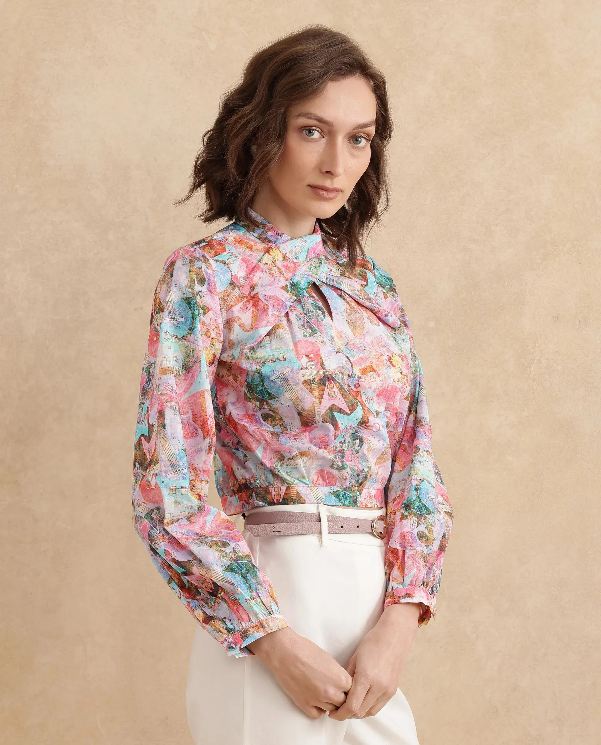 Rareism Women Cioz Light Multi Bishop Sleeves High Neck Regular Fit Cropped Abstract Print Top