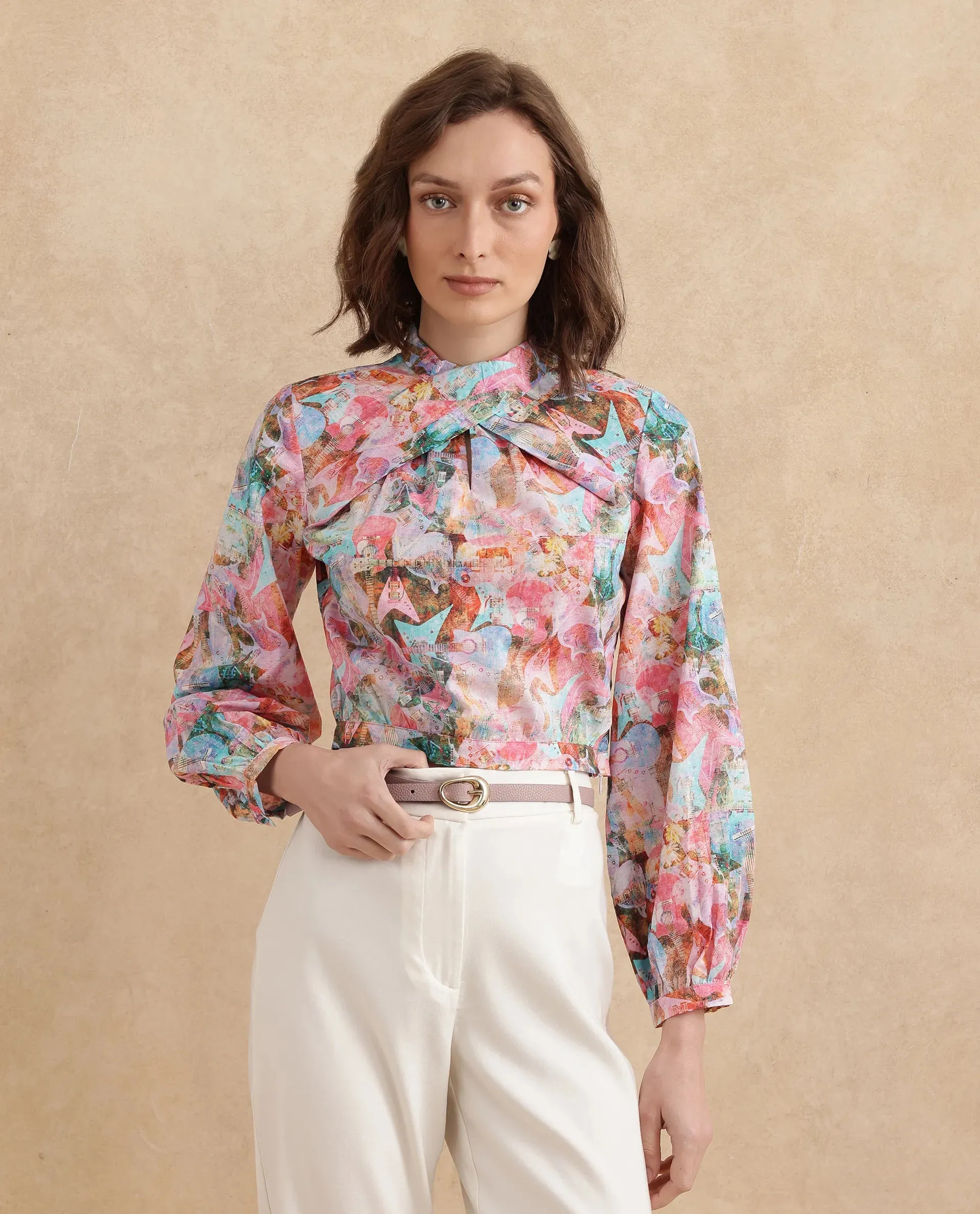 Rareism Women Cioz Light Multi Bishop Sleeves High Neck Regular Fit Cropped Abstract Print Top