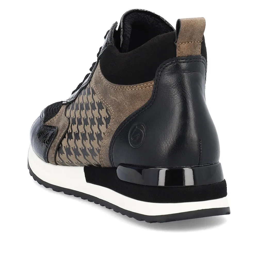 Remonte R2577-01 Lagro Leather Black and Taupe Hounds Tooth Print High Top Trainer Boots