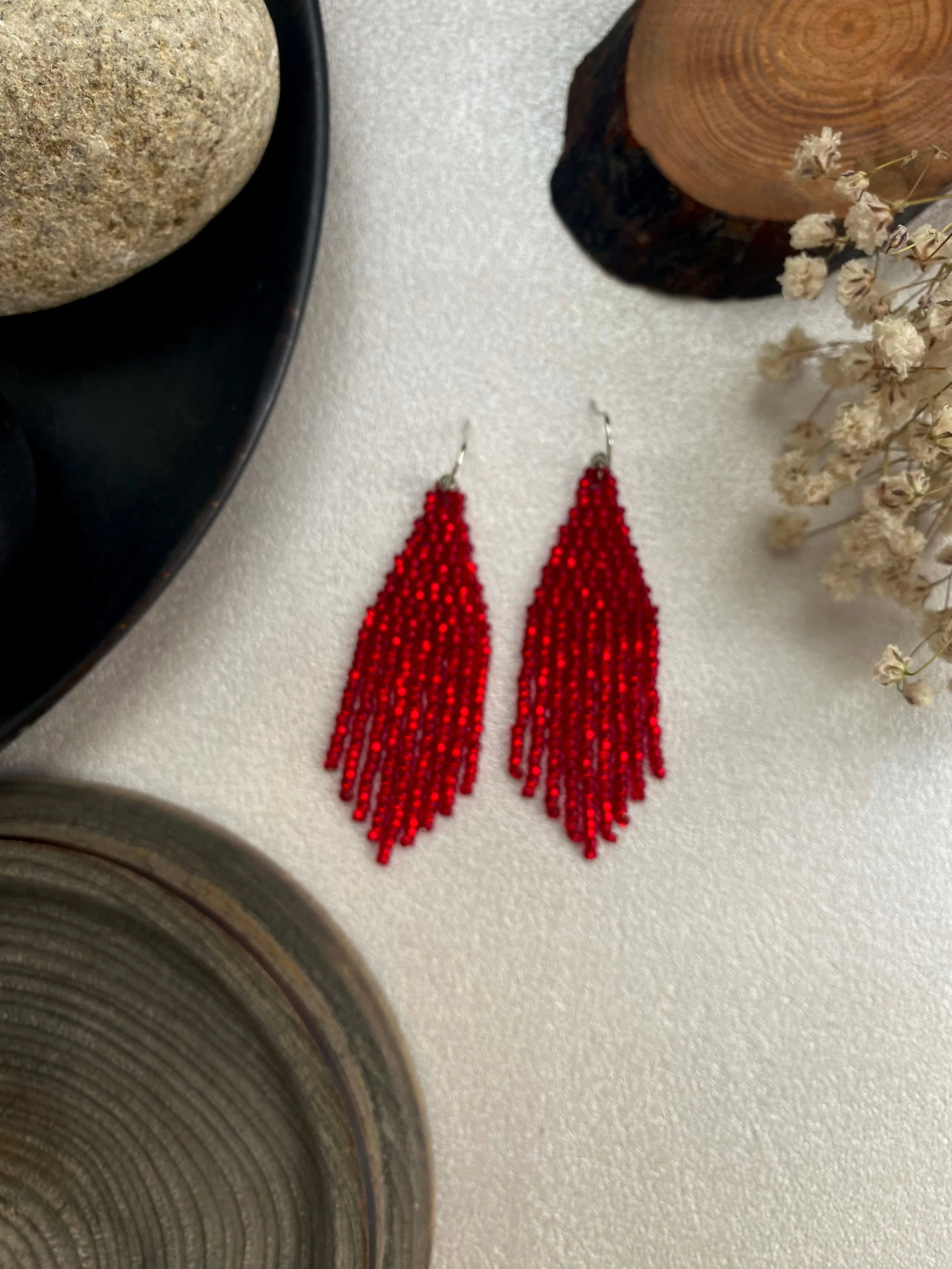 Shiny Red Seed Bead Earrings, Fringe Festive Chandelier Earring, Boho Hippie Earrings, Red Dainty Statement Earring, Dangle Earring Handmade