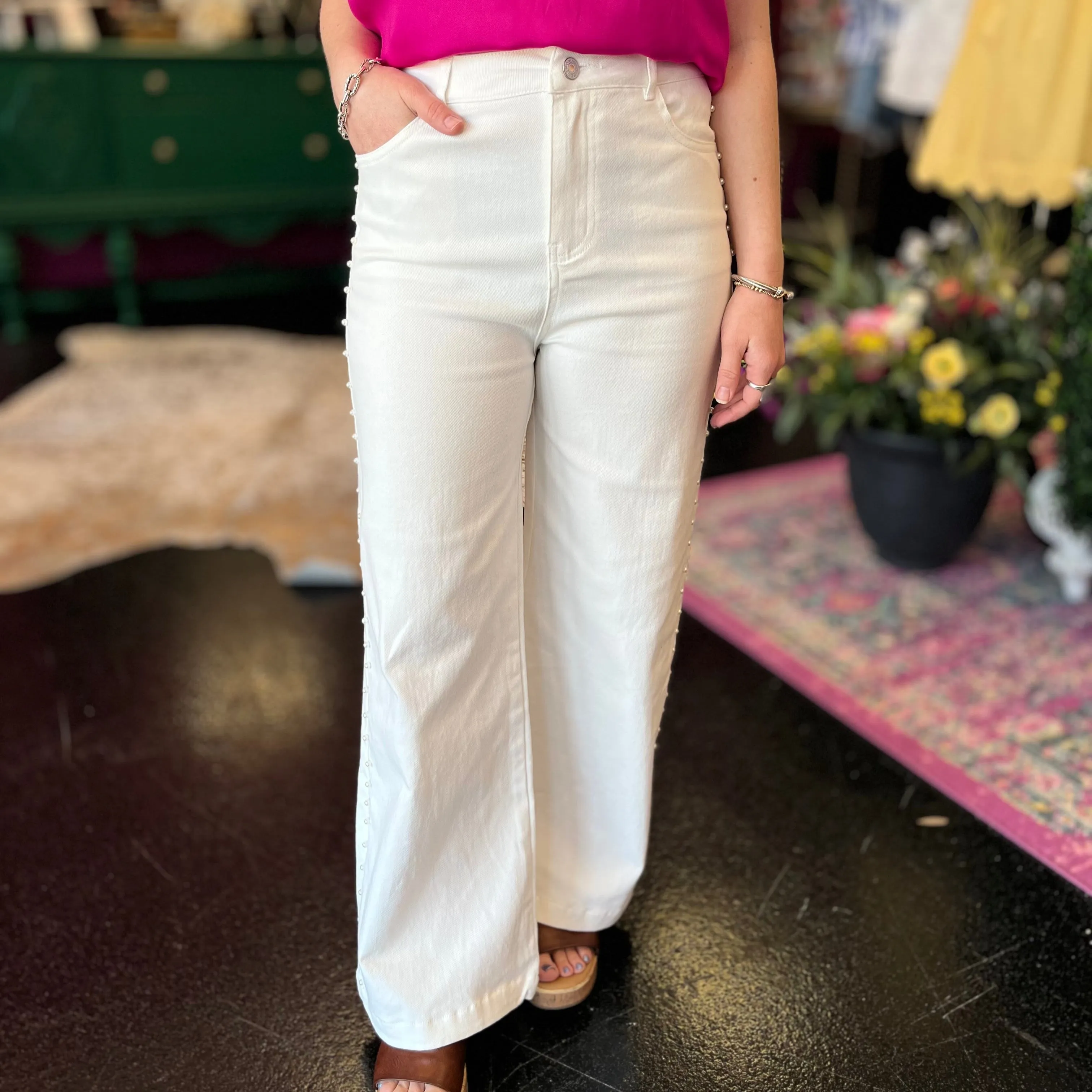 White Denim & Pearl Detail Wide Leg Jeans