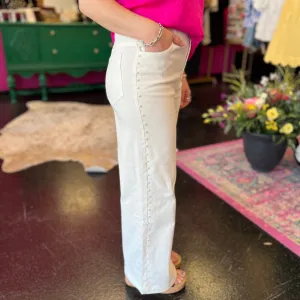 White Denim & Pearl Detail Wide Leg Jeans