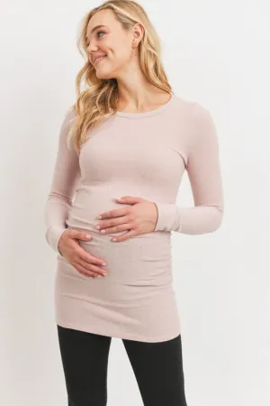 Women's round neck long sleeve rayon maternity & post natal top with side ruching in light pink or light grey