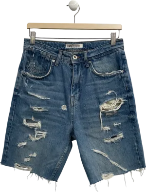 ZARA Blue Distressed Denim Bermuda Shorts UK 10