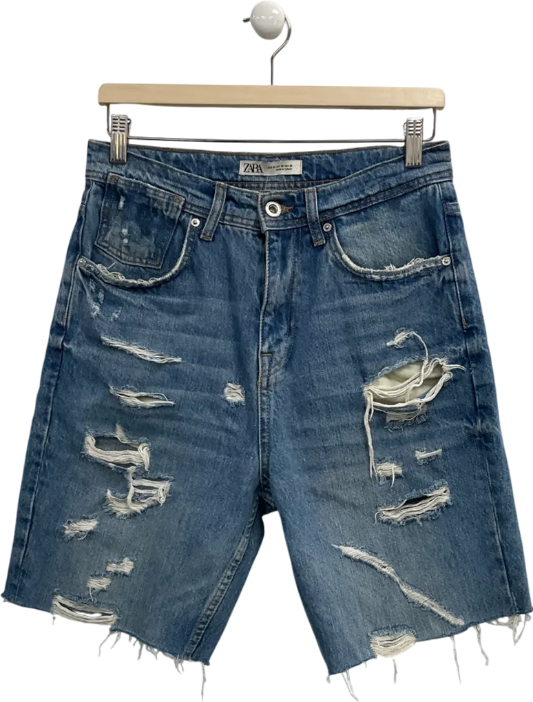 ZARA Blue Distressed Denim Bermuda Shorts UK 10